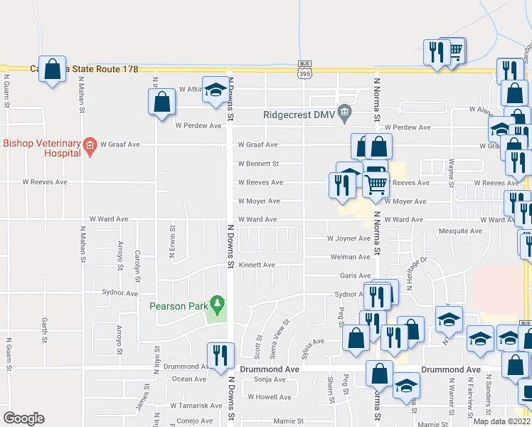 map of restaurants, bars, coffee shops, grocery stores, and more near 800 West Ward Avenue in Ridgecrest