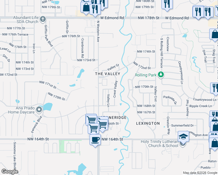 map of restaurants, bars, coffee shops, grocery stores, and more near 1005 Northwest 170th Street in Edmond
