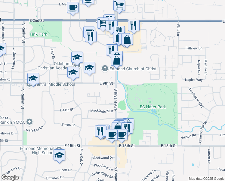 map of restaurants, bars, coffee shops, grocery stores, and more near 919 South Bryant Avenue in Edmond