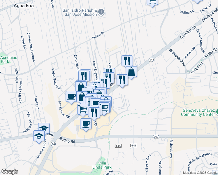 map of restaurants, bars, coffee shops, grocery stores, and more near 3777 Cerrillos Road in Santa Fe