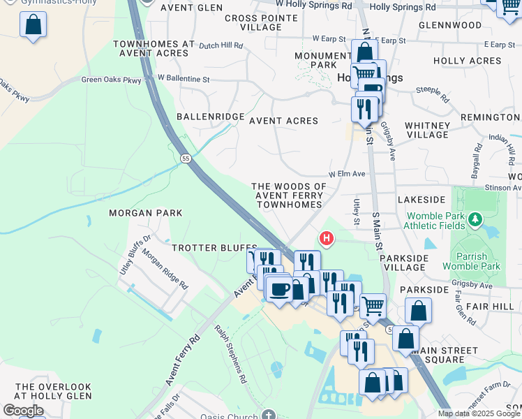 map of restaurants, bars, coffee shops, grocery stores, and more near 600 Country Lane in Holly Springs