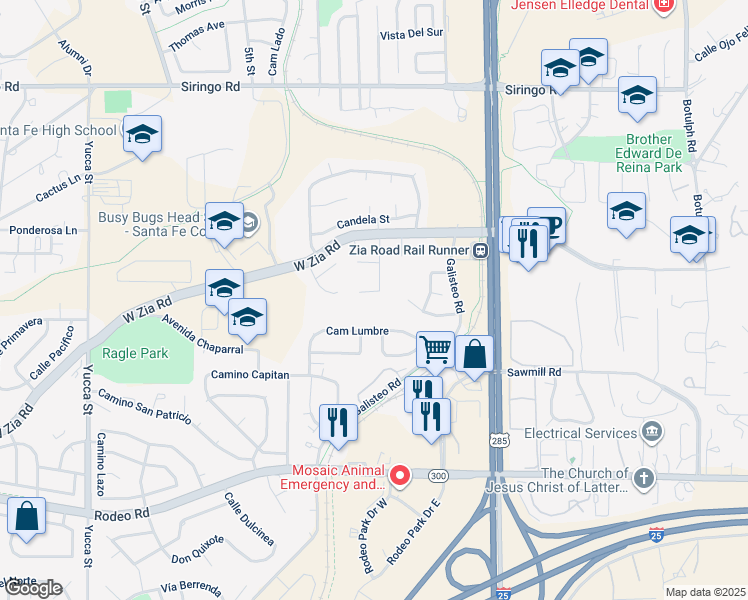 map of restaurants, bars, coffee shops, grocery stores, and more near 1877 Brillante Lane in Santa Fe