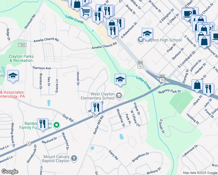 map of restaurants, bars, coffee shops, grocery stores, and more near 108 Meadow Run in Clayton