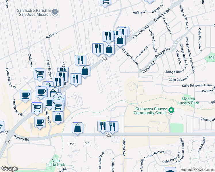 map of restaurants, bars, coffee shops, grocery stores, and more near 1568 Avenida de Las Americas in Santa Fe