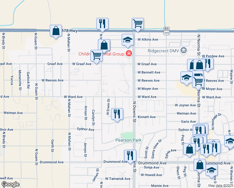 map of restaurants, bars, coffee shops, grocery stores, and more near 1300 North El Prado Street in Ridgecrest