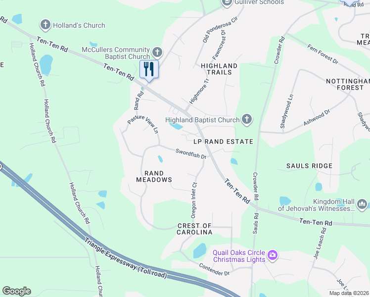 map of restaurants, bars, coffee shops, grocery stores, and more near 4700 Swordfish Drive in Raleigh