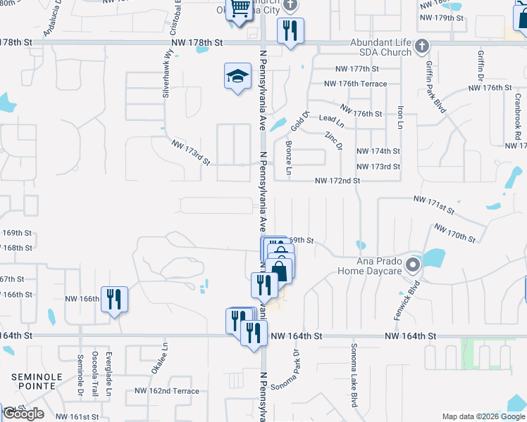 map of restaurants, bars, coffee shops, grocery stores, and more near 17085 N Pennsylvania Ave in Edmond