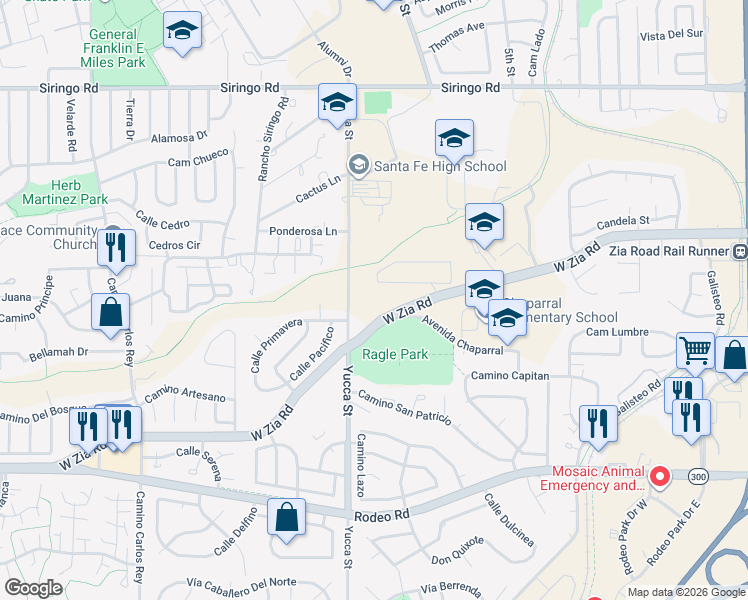 map of restaurants, bars, coffee shops, grocery stores, and more near 2601 Calle Primavera in Santa Fe