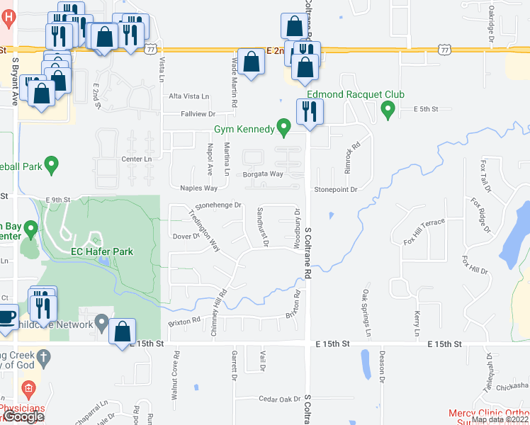 map of restaurants, bars, coffee shops, grocery stores, and more near 816 Sandhurst Drive in Edmond