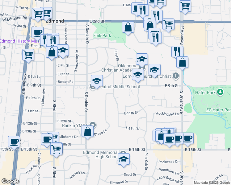 map of restaurants, bars, coffee shops, grocery stores, and more near 1000 East Drive in Edmond
