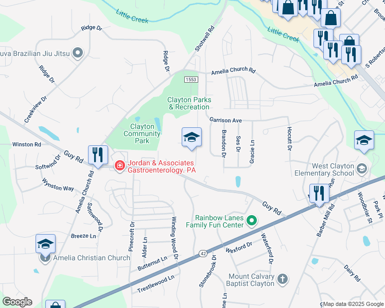 map of restaurants, bars, coffee shops, grocery stores, and more near 490 Guy Road in Clayton