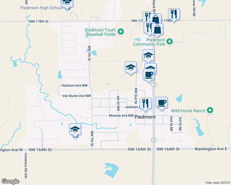 map of restaurants, bars, coffee shops, grocery stores, and more near 408 Harrison Avenue Northwest in Piedmont