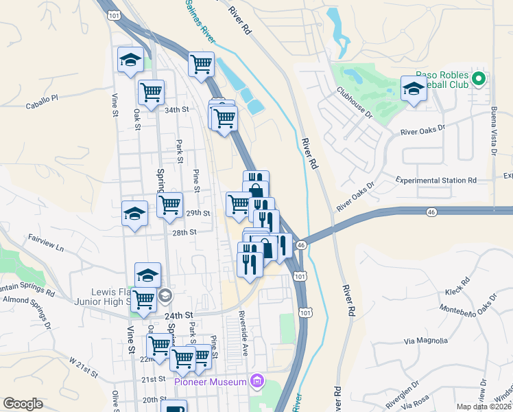 map of restaurants, bars, coffee shops, grocery stores, and more near 1144 Black Oak Drive in Paso Robles