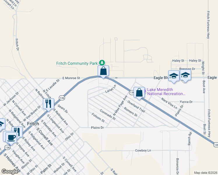 map of restaurants, bars, coffee shops, grocery stores, and more near 287 Overland Trail in Fritch