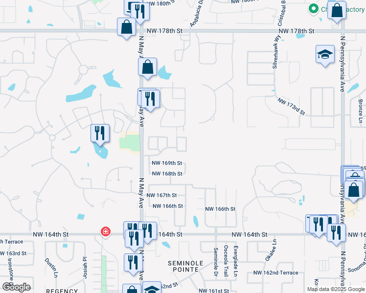 map of restaurants, bars, coffee shops, grocery stores, and more near 17021 Hardwood Place in Edmond