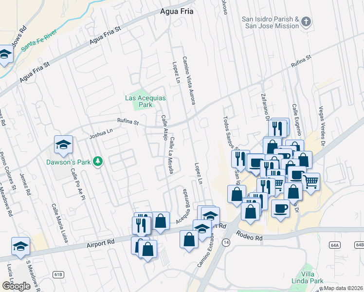 map of restaurants, bars, coffee shops, grocery stores, and more near 3111 Lopez Lane in Santa Fe