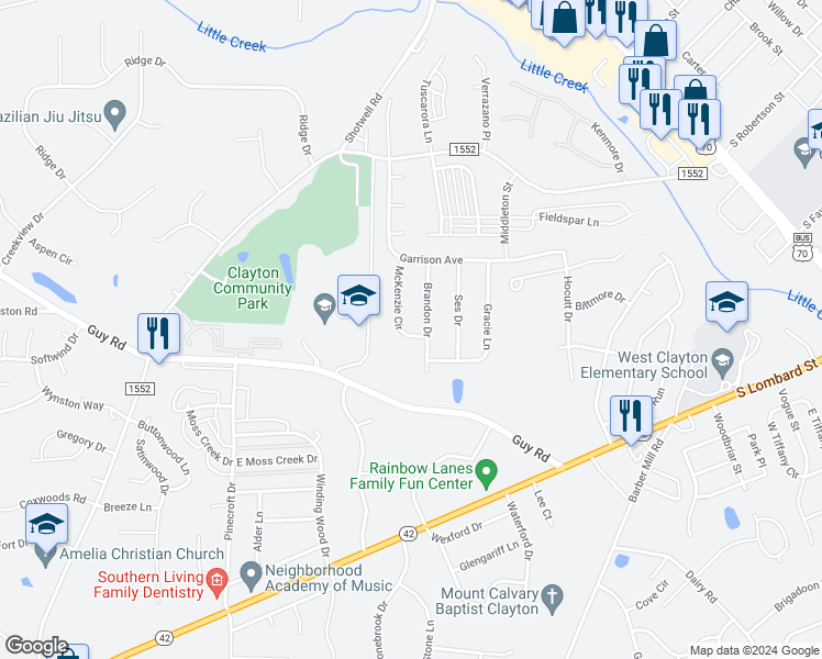 map of restaurants, bars, coffee shops, grocery stores, and more near 119 McKenzie Circle in Clayton