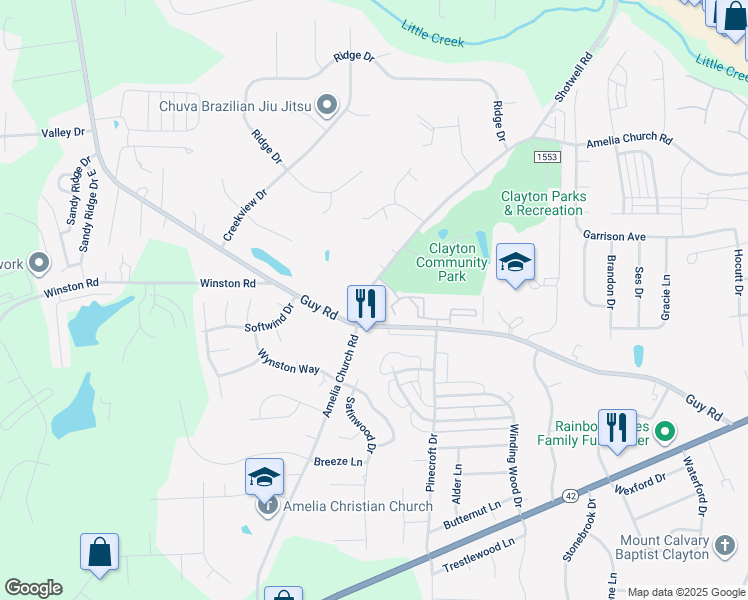 map of restaurants, bars, coffee shops, grocery stores, and more near 786 Guy Road in Clayton