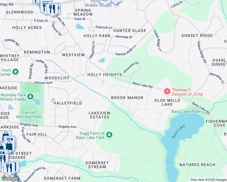 map of restaurants, bars, coffee shops, grocery stores, and more near 612 Estes Lane in Holly Springs