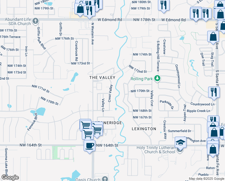 map of restaurants, bars, coffee shops, grocery stores, and more near 17100 Crest Valley in Edmond