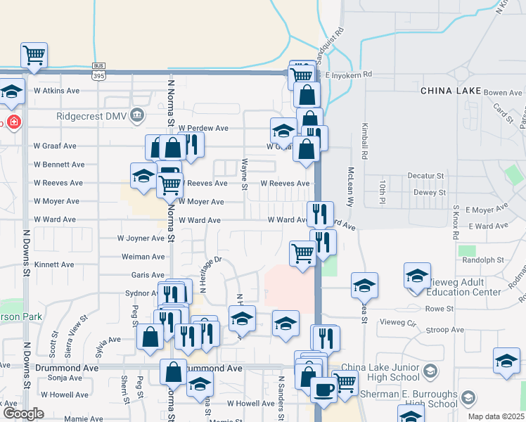 map of restaurants, bars, coffee shops, grocery stores, and more near 210 Ward Avenue in Ridgecrest