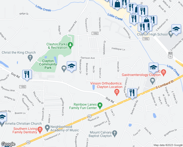 map of restaurants, bars, coffee shops, grocery stores, and more near 118 Ses Drive in Clayton