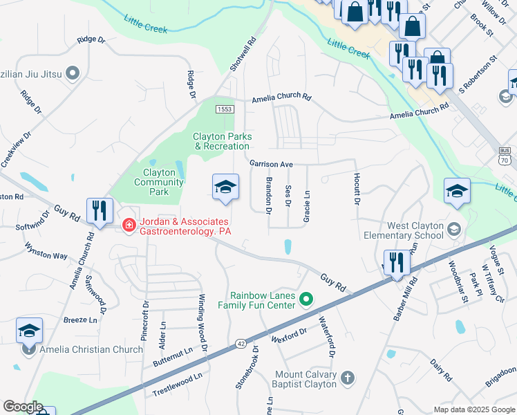 map of restaurants, bars, coffee shops, grocery stores, and more near 119 McKenzie Circle in Clayton