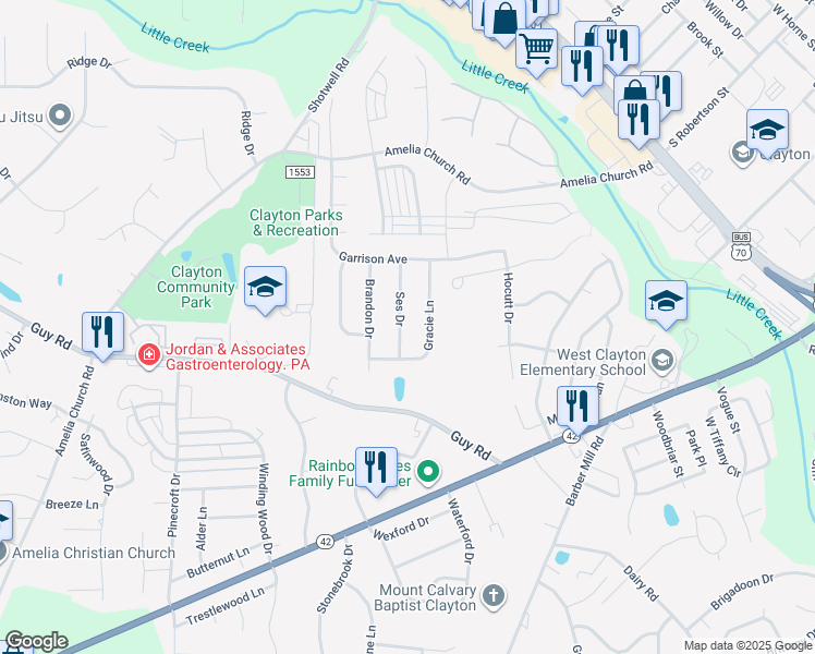 map of restaurants, bars, coffee shops, grocery stores, and more near 120 Ses Drive in Clayton