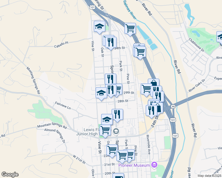 map of restaurants, bars, coffee shops, grocery stores, and more near 2841 Spring Street in Paso Robles