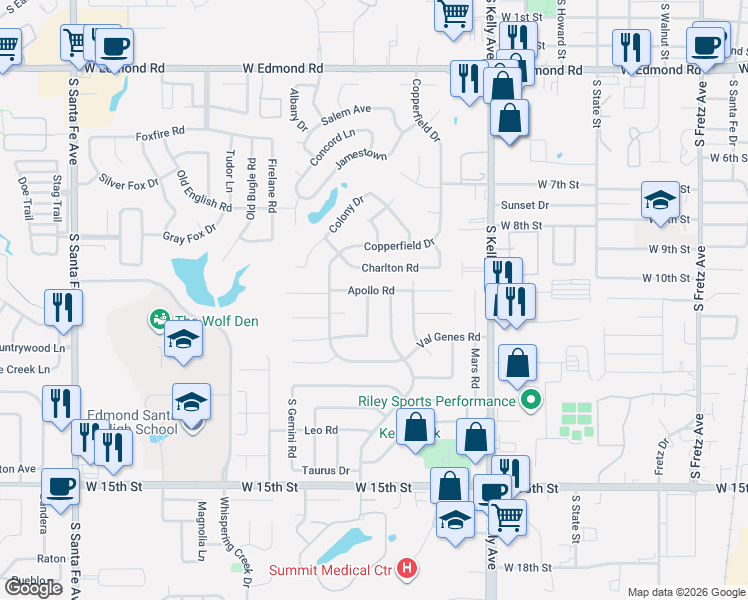 map of restaurants, bars, coffee shops, grocery stores, and more near 816 Jupiter Road in Edmond