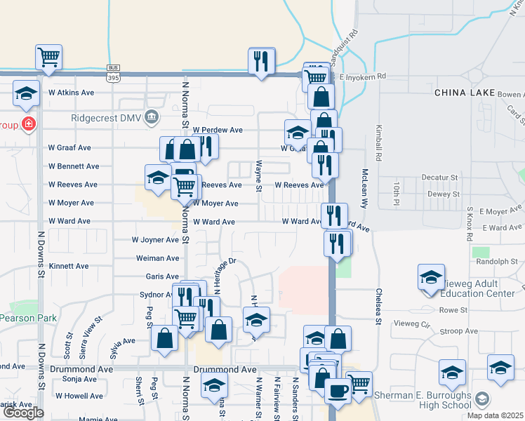 map of restaurants, bars, coffee shops, grocery stores, and more near 230 Mesquite Avenue in Ridgecrest