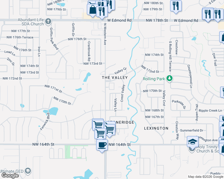 map of restaurants, bars, coffee shops, grocery stores, and more near 1005 Northwest 170th Street in Edmond