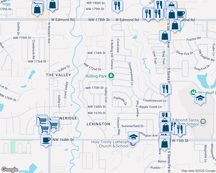 map of restaurants, bars, coffee shops, grocery stores, and more near 2917 Allens Trail in Edmond