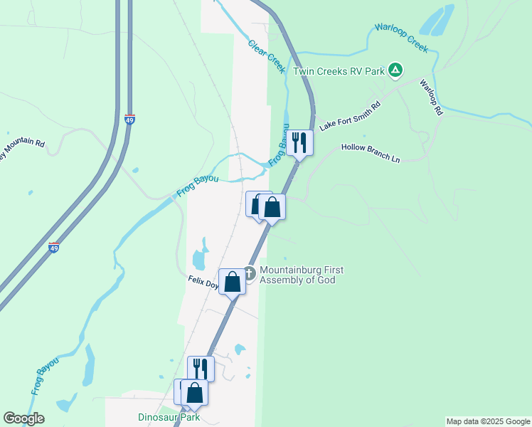 map of restaurants, bars, coffee shops, grocery stores, and more near 1220 U.S. 71 in Mountainburg