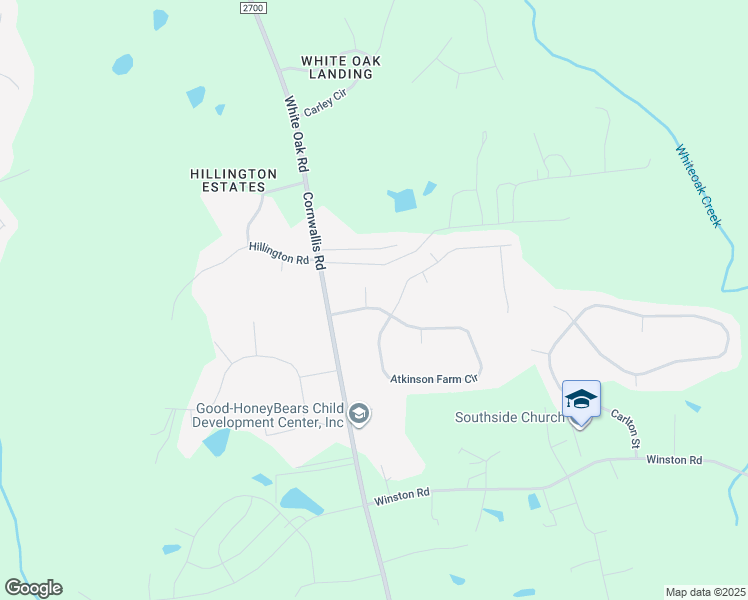 map of restaurants, bars, coffee shops, grocery stores, and more near 404 Mather Court in Garner