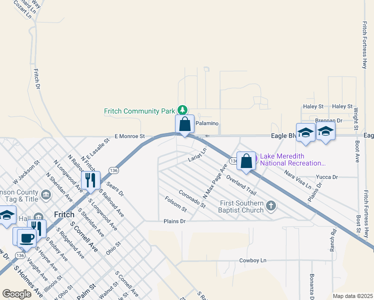 map of restaurants, bars, coffee shops, grocery stores, and more near 287 Overland Trail in Fritch