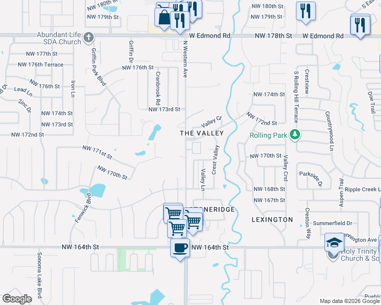 map of restaurants, bars, coffee shops, grocery stores, and more near 17015 Applebrook Drive in Edmond