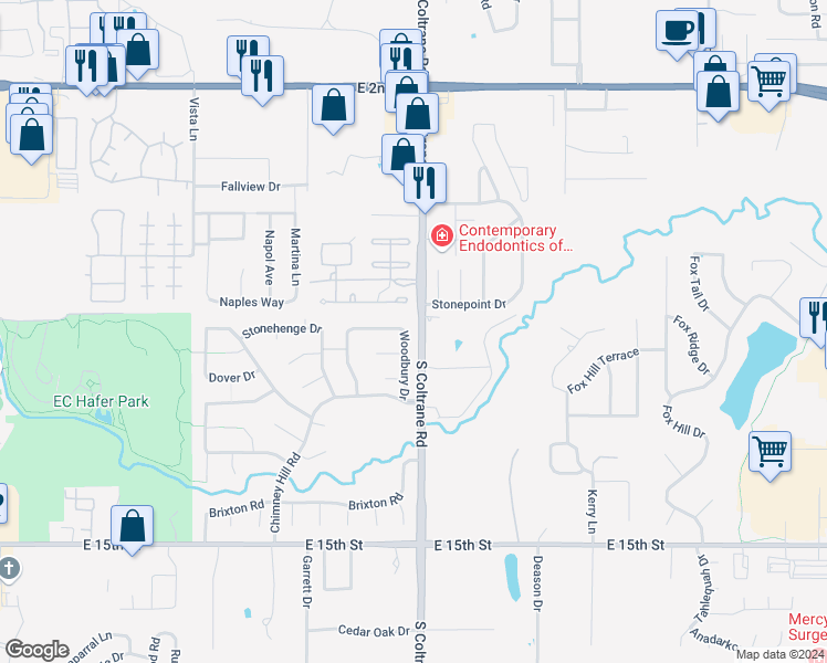 map of restaurants, bars, coffee shops, grocery stores, and more near 816 Woodbury Drive in Edmond
