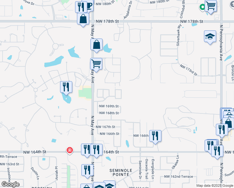 map of restaurants, bars, coffee shops, grocery stores, and more near 2804 Northwest 170th Terrace in Edmond