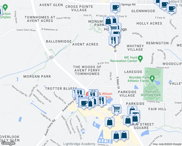 map of restaurants, bars, coffee shops, grocery stores, and more near 107 Cotten Lane in Holly Springs