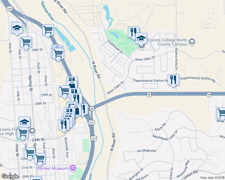 map of restaurants, bars, coffee shops, grocery stores, and more near 570 River Oaks Drive in Paso Robles