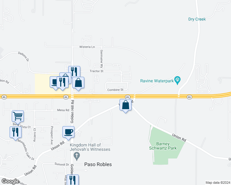 map of restaurants, bars, coffee shops, grocery stores, and more near 3519 Combine Street in Paso Robles