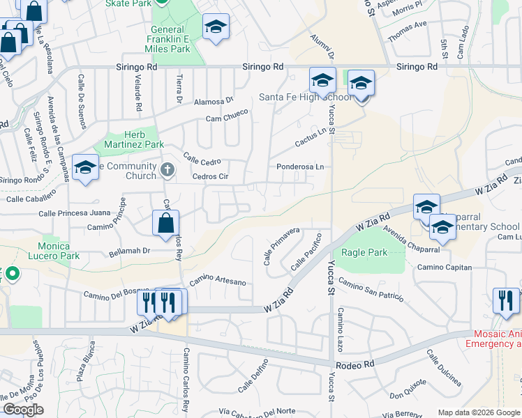 map of restaurants, bars, coffee shops, grocery stores, and more near 2600 Primavera Court in Santa Fe