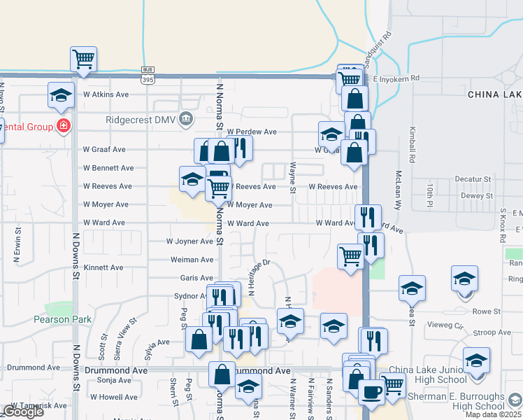 map of restaurants, bars, coffee shops, grocery stores, and more near 344 West Ward Avenue in Ridgecrest