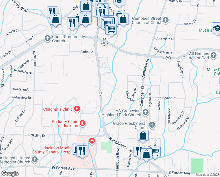 map of restaurants, bars, coffee shops, grocery stores, and more near 60 North Acres Drive in Jackson