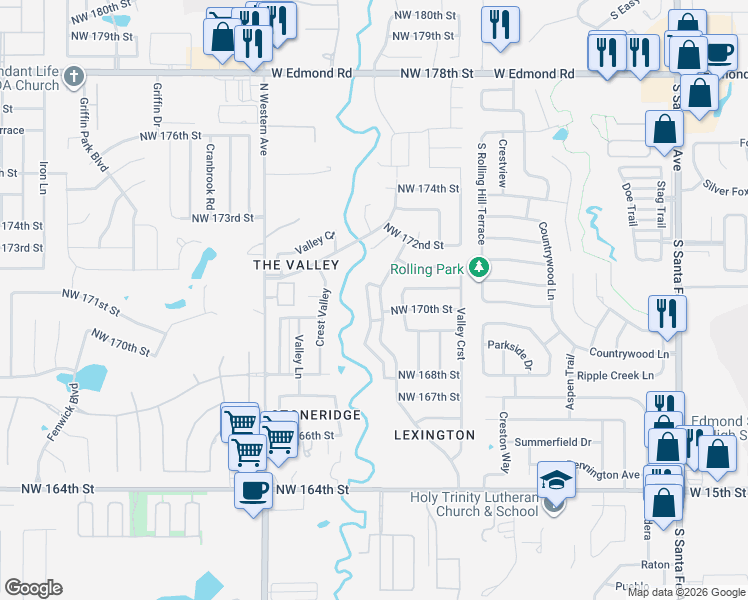 map of restaurants, bars, coffee shops, grocery stores, and more near 17025 Sunny Hollow Road in Edmond