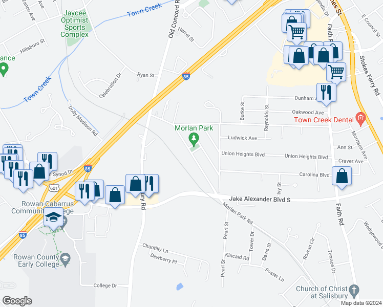 map of restaurants, bars, coffee shops, grocery stores, and more near 555 Park Circle in Salisbury