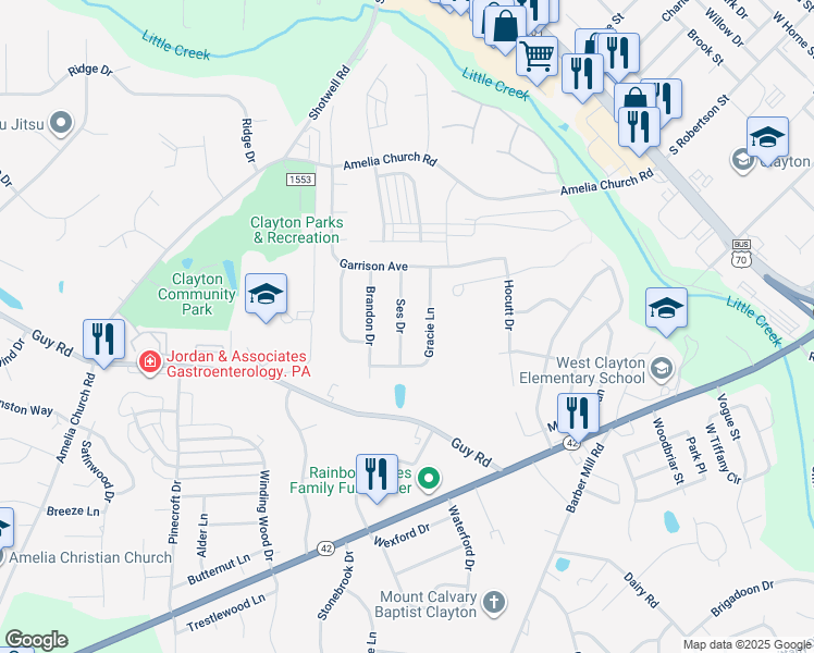 map of restaurants, bars, coffee shops, grocery stores, and more near 117 Ses Drive in Clayton