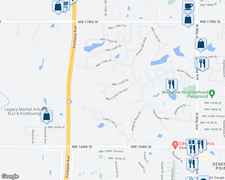 map of restaurants, bars, coffee shops, grocery stores, and more near 17308 Boreal Court in Edmond