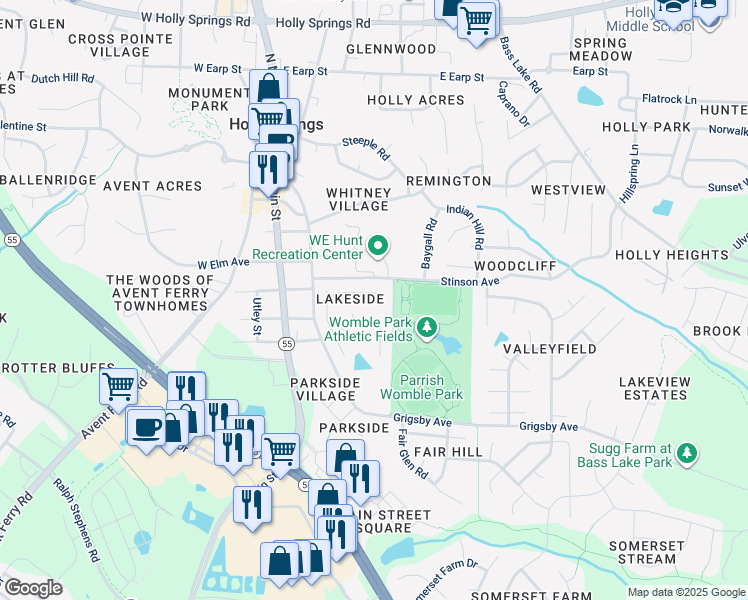 map of restaurants, bars, coffee shops, grocery stores, and more near 229 Springside Drive in Holly Springs